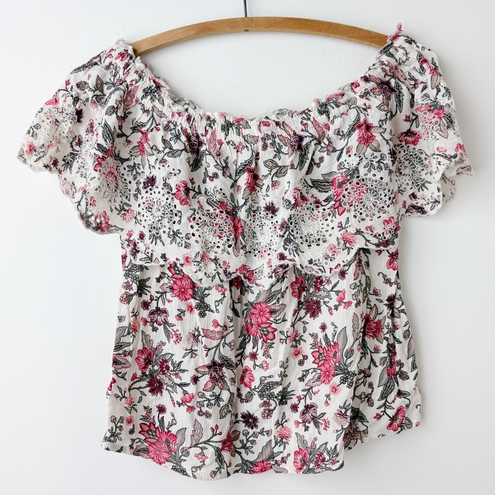 American Eagle Floral Top Womens XS Pink‎ Coquette Cottage Romantic Off Shoulder